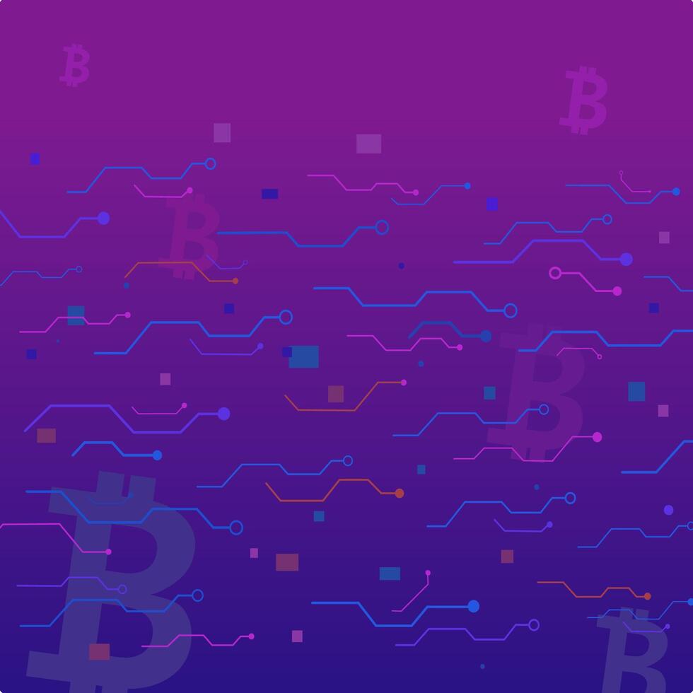 Blue and pink bitcoin sign under circuit technology concept on violet and blue background. Square particle and line digital, electronic abstract. vector