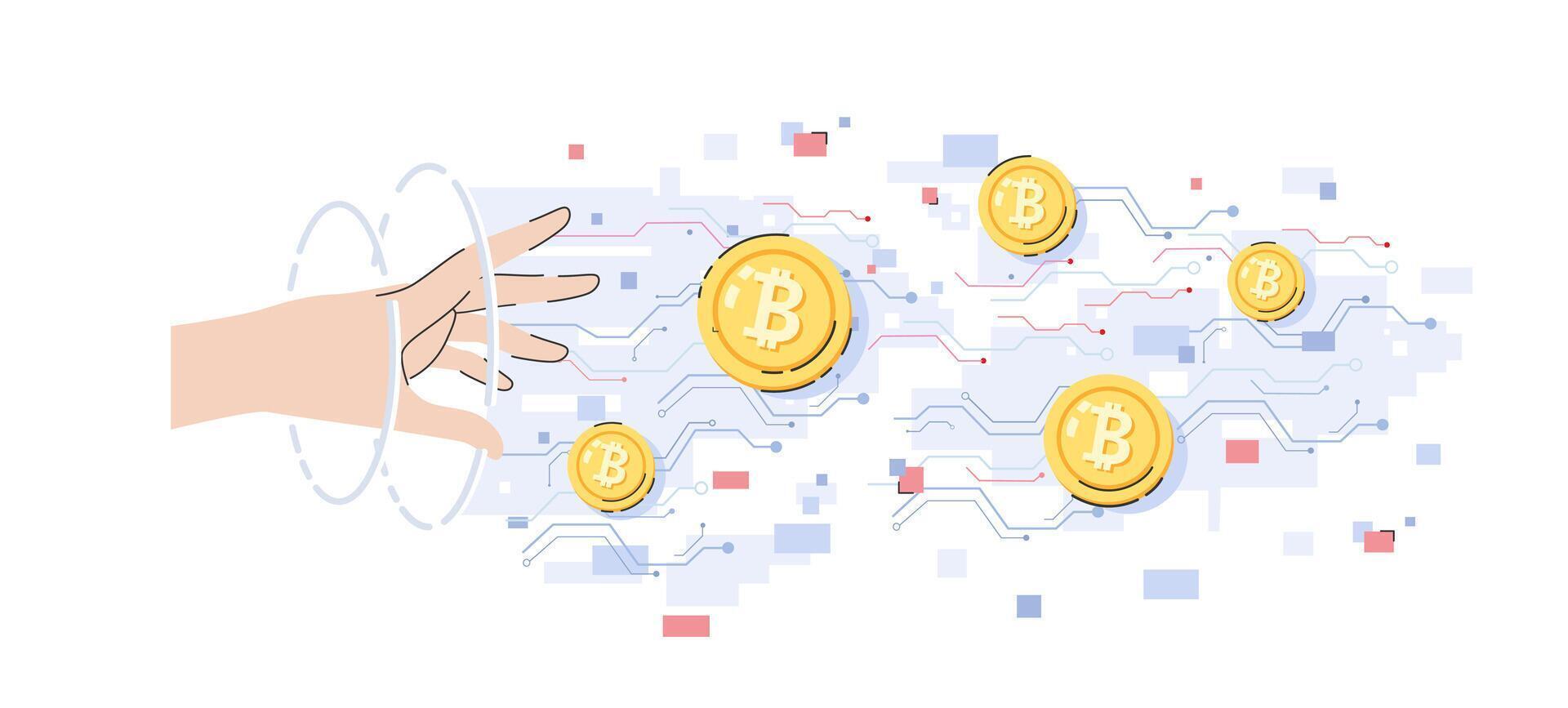 A hand reaching to a cryptocurrency coin on digital circuit background cartoon flat vector illustration isolated on white background. Cryptocurrency investment in modern technology concept.