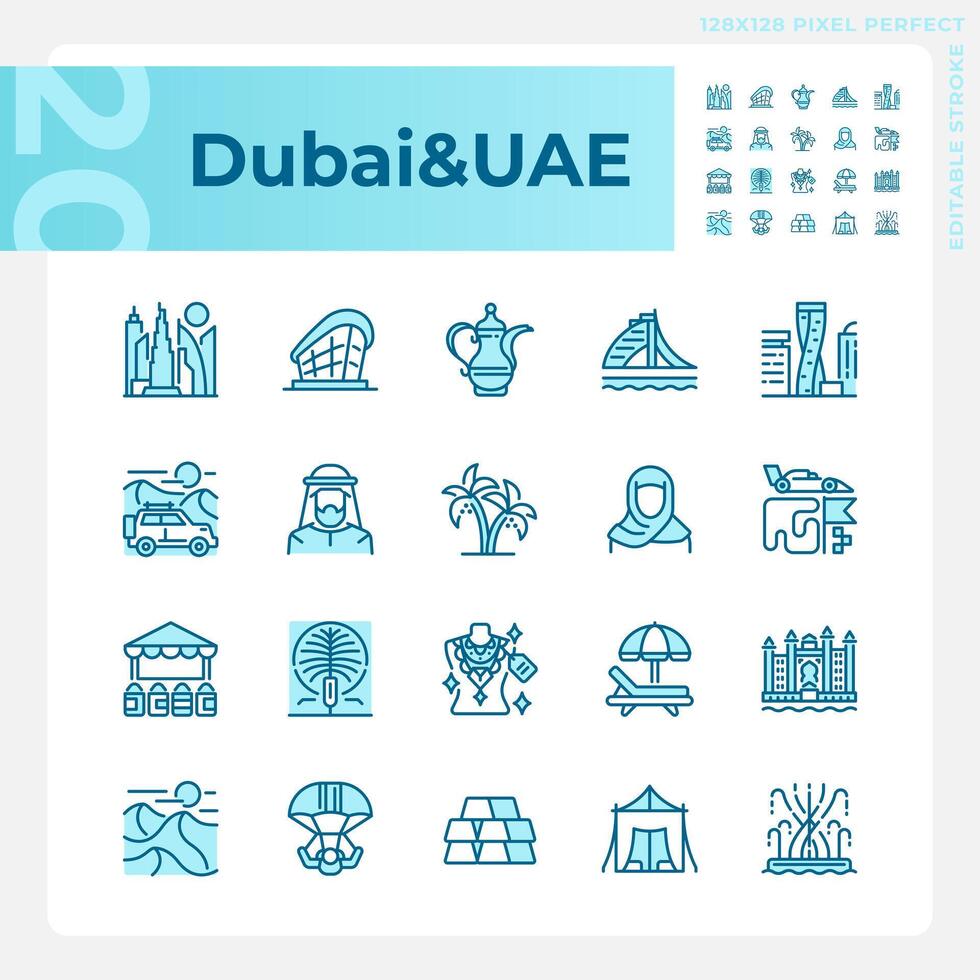 Dubai modern city architecture light blue icons. Vacation trip, resort. Variety of activities. RGB color. Website icons set. Simple design element. Contour drawing. Line illustration vector