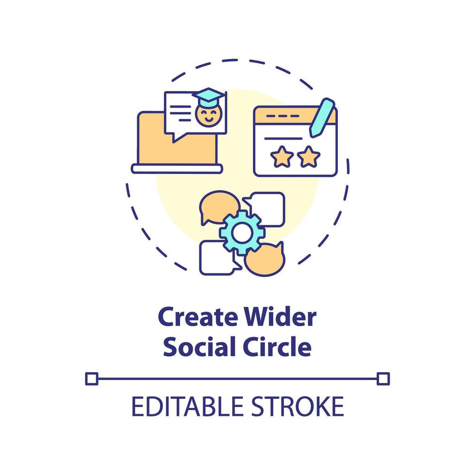 2D editable multicolor create wider social circle icon, simple isolated vector, thin line illustration representing extracurricular activities. vector