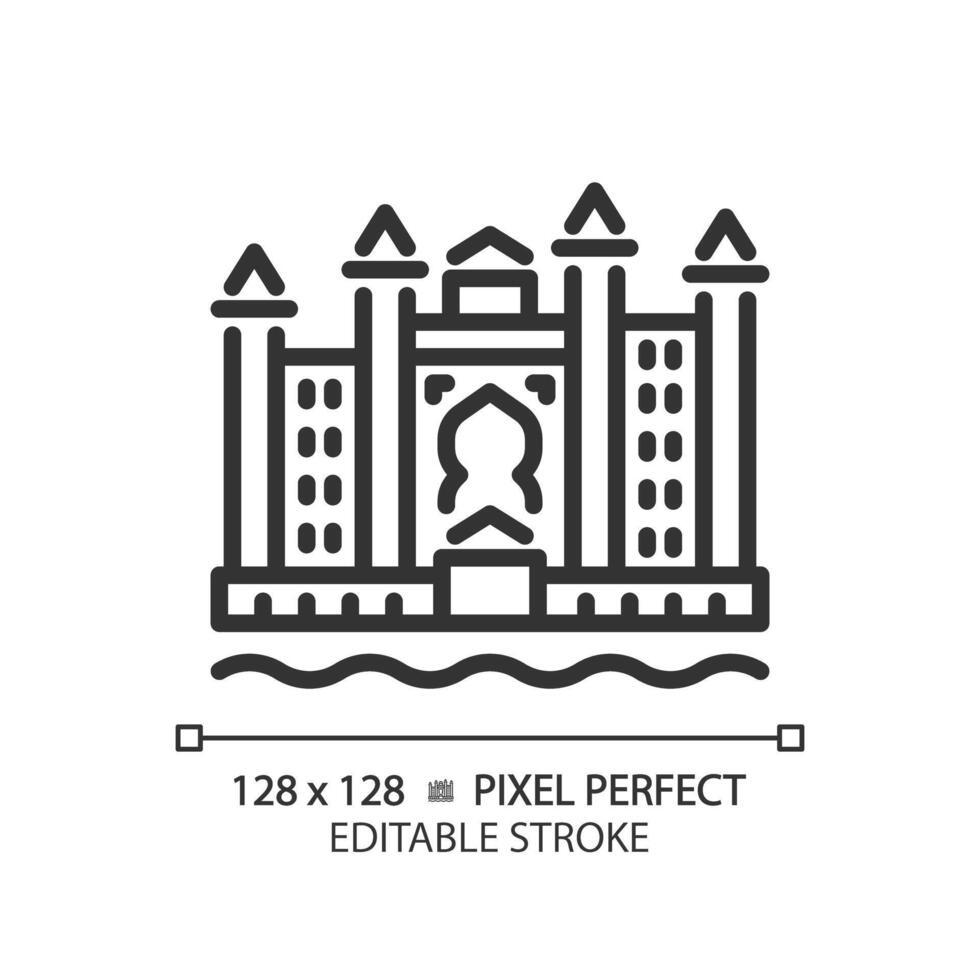 Dubai resort complex linear icon. Skyscrapers luxury tourism. Magnificent royal landmark. Uae hotel seaside. Thin line illustration. Contour symbol. Vector outline drawing. Editable stroke