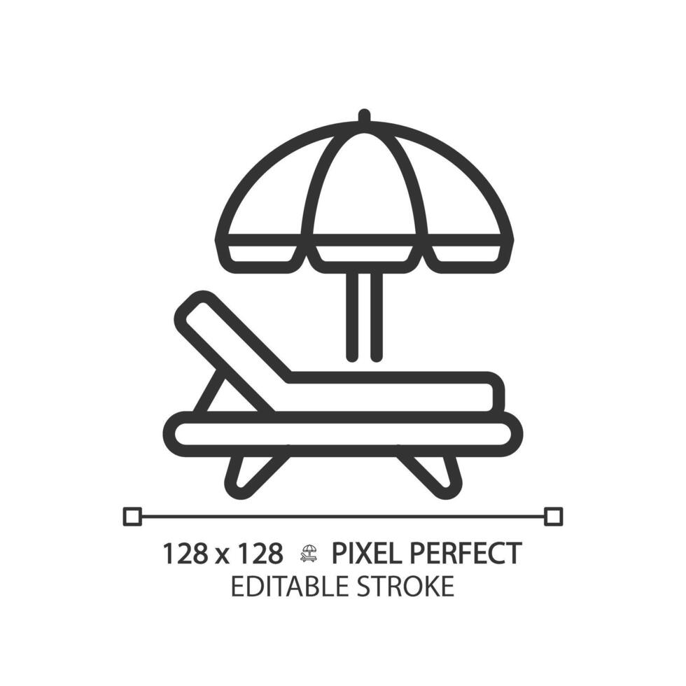 Sun lounger romantic vacation resort linear icon. Tourist paradise, summer weekend. Magnificent travel relaxation. Thin line illustration. Contour symbol. Vector outline drawing. Editable stroke