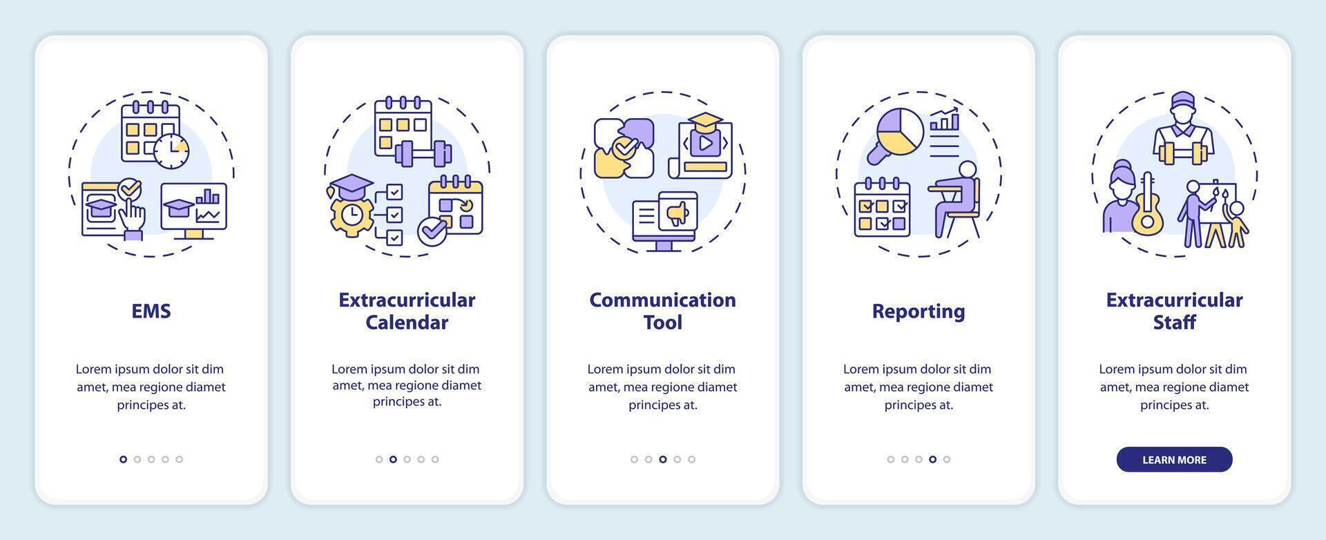 2D icons representing extracurricular management system mobile app screen set. Walkthrough 5 steps multicolor graphic instructions with line icons concept, UI, UX, GUI template. vector