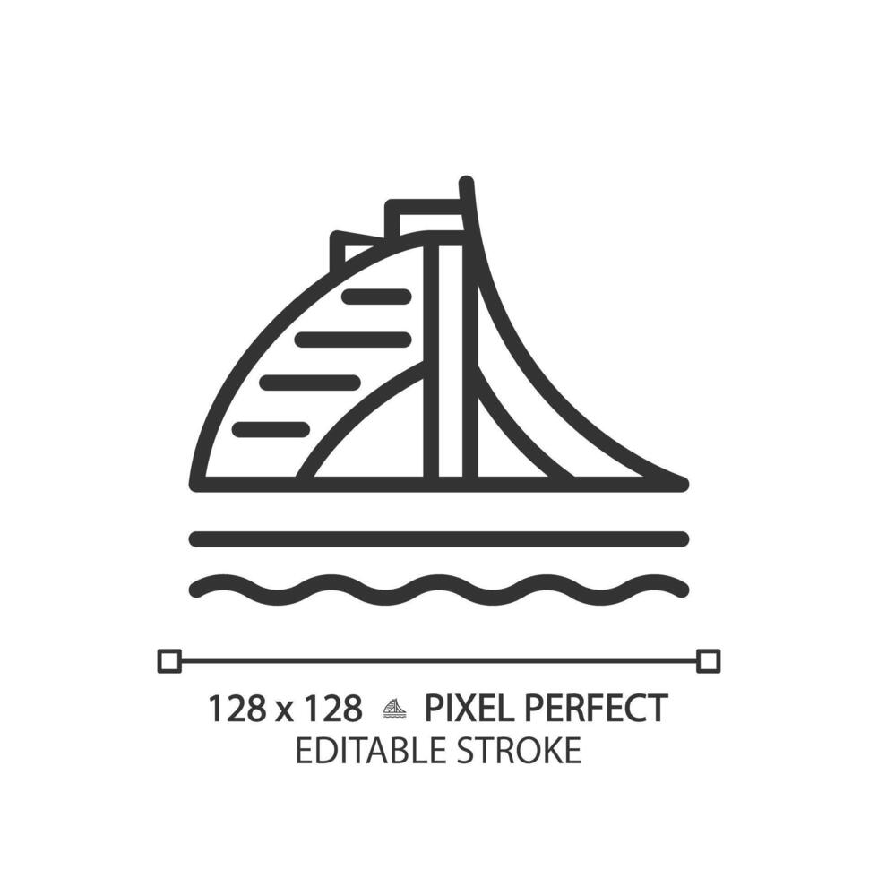 Arabic worldwide famous beach hotel linear icon. Unique luxury resort landmark. World class prestigious architecture. Thin line illustration. Contour symbol. Vector outline drawing. Editable stroke