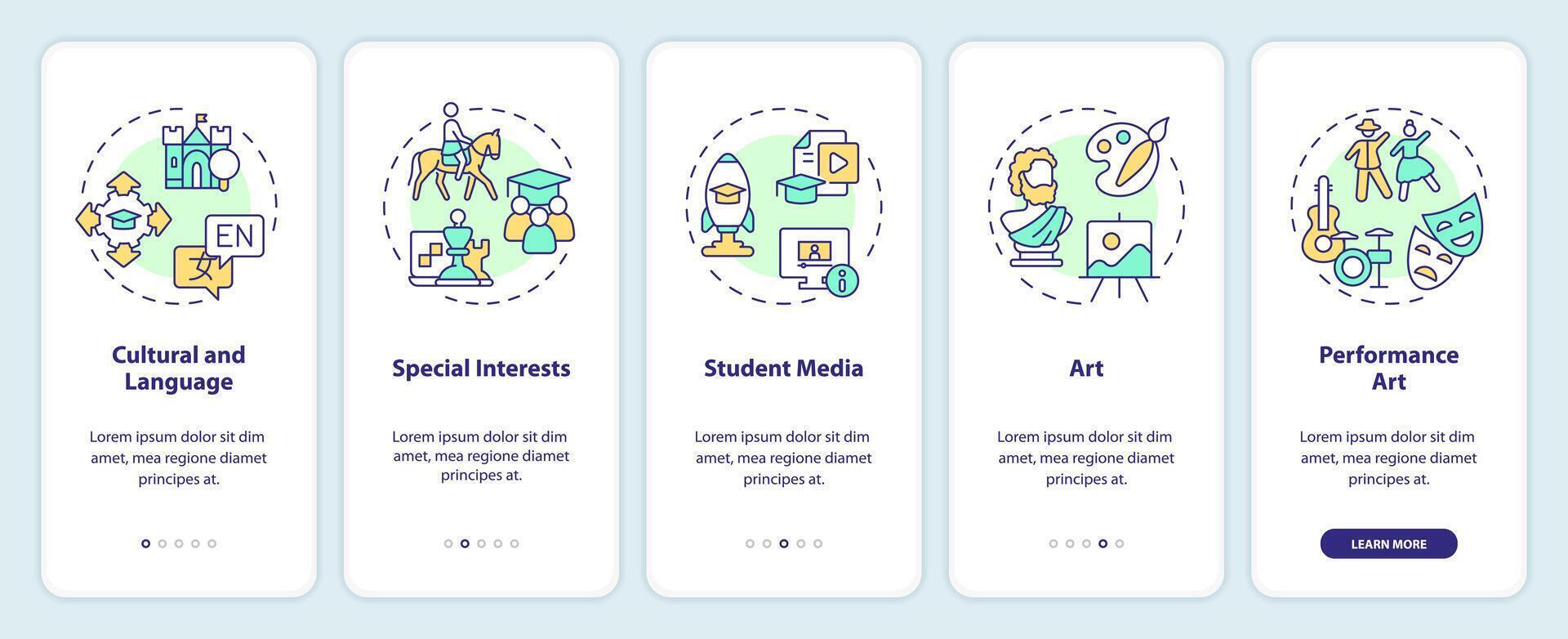 2D icons representing types of extracurricular activities mobile app screen set. Walkthrough 5 steps colorful graphic instructions with thin line icons concept, UI, UX, GUI template. vector