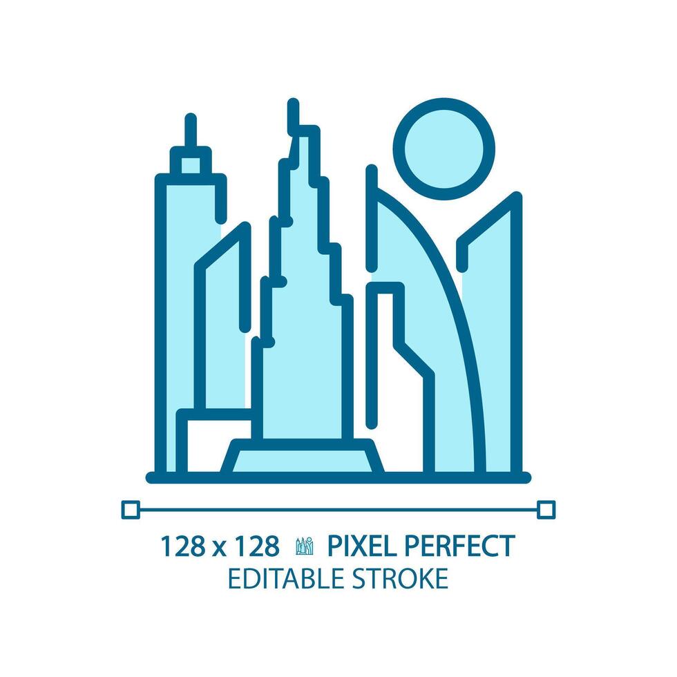 Dubai skyscrapers modern light blue icon. Artificial island, twisted tower. Luxury lifestyle resort. RGB color sign. Simple design. Web symbol. Contour line. Flat illustration. Isolated object vector