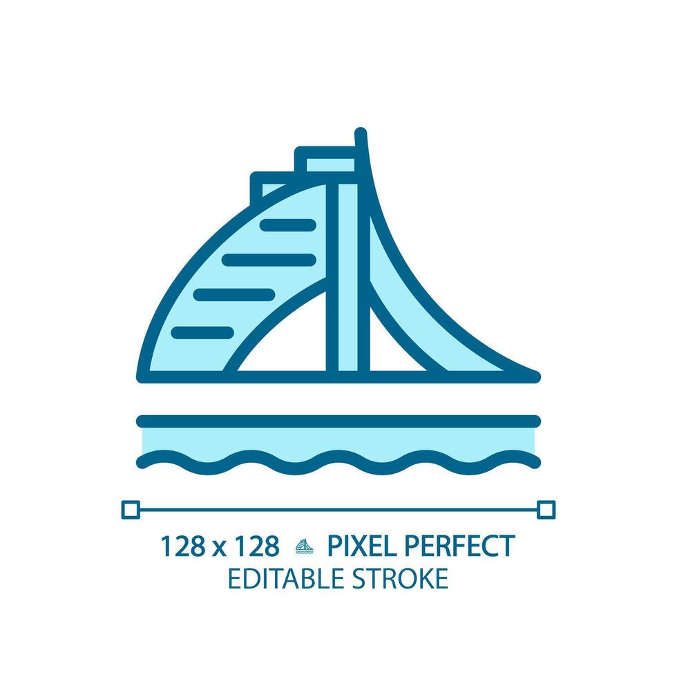 Arabic worldwide famous beach hotel light blue icon. World class prestigious architecture. RGB color sign. Simple design. Web symbol. Contour line. Flat illustration. Isolated object vector