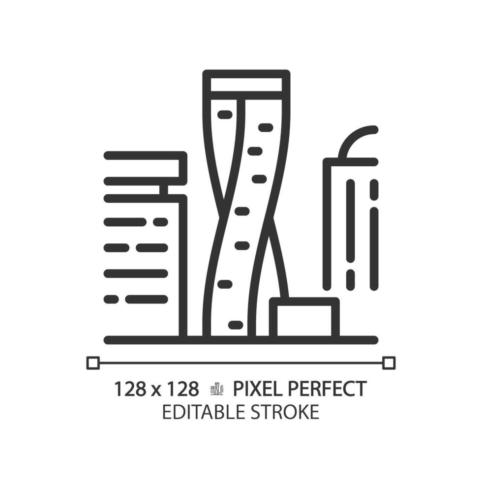 Cayan twisted tower linear icon. Arabic luxury vacation resort. Prestigious landmark. Exclusive travel attractions. Thin line illustration. Contour symbol. Vector outline drawing. Editable stroke