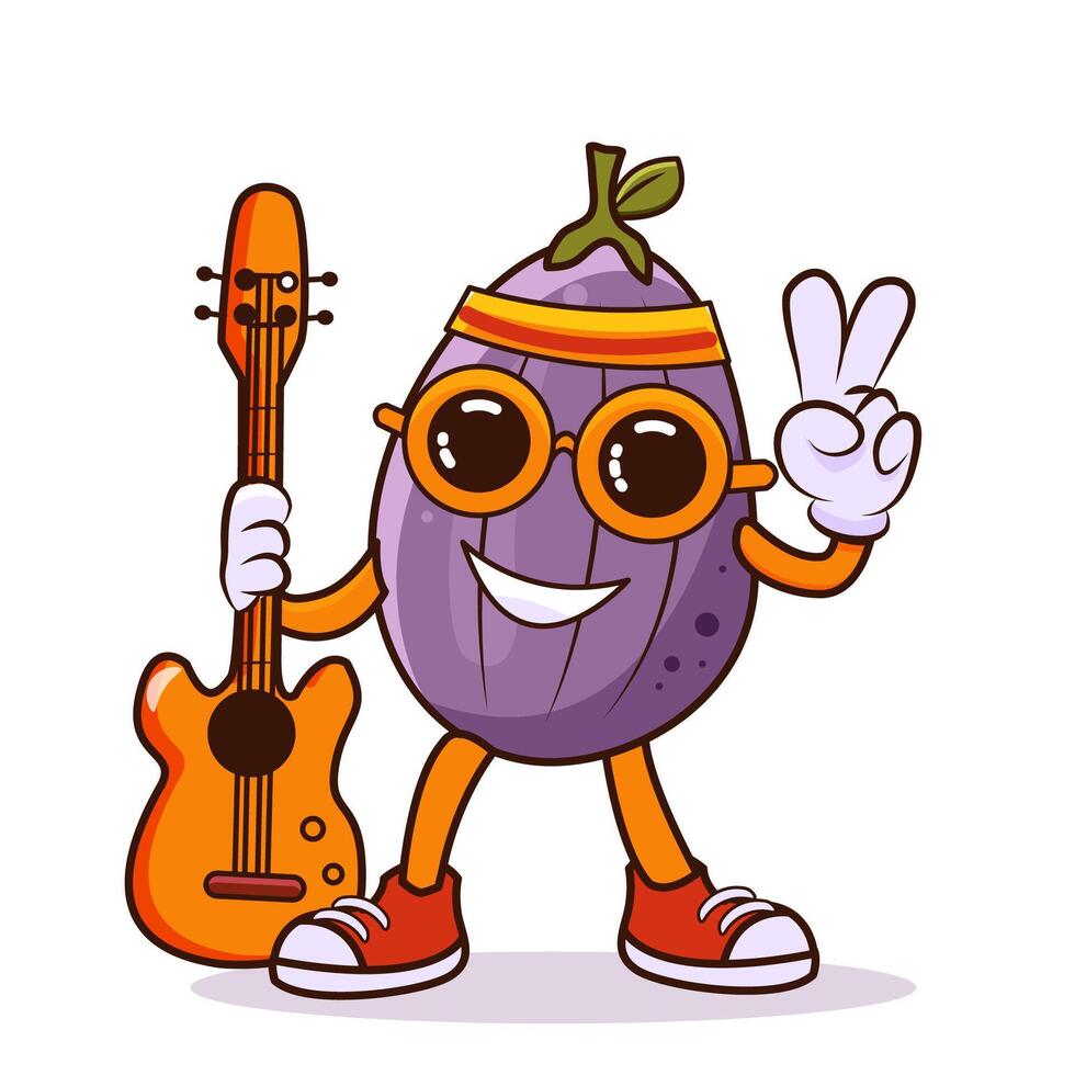 Mascot figs retro character with guitar and sunglasses. Vector illustration. Trendy 70s cartoon style.