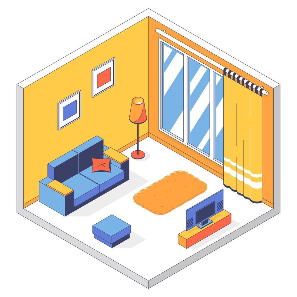 3d living room, interior design, building. Furniture and household appliances, curtains. Environment houses, apartments, flat, apartments, hostel rooms, hotels. Vector linear isometric illustration