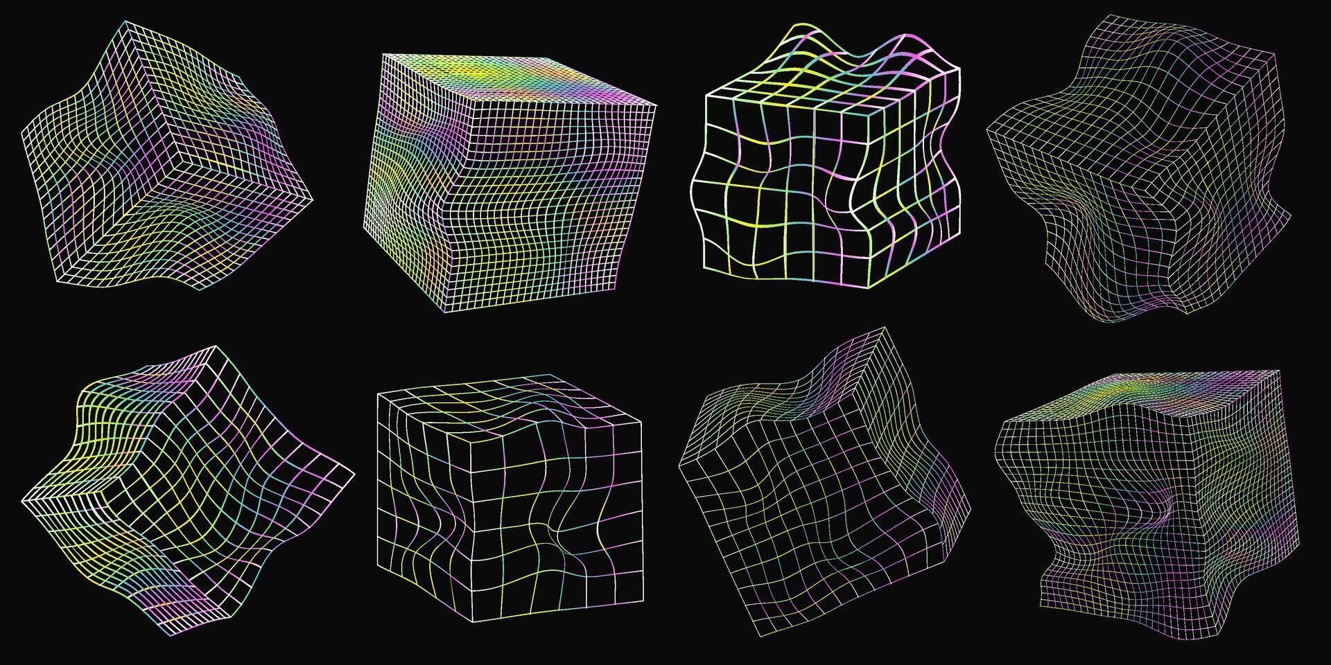 Collection of distorted wireframe cubes from different sides. Vector abstract geometric 3D objects. Technology block chain network connection. Big data visualization. Unicorn gradient color.