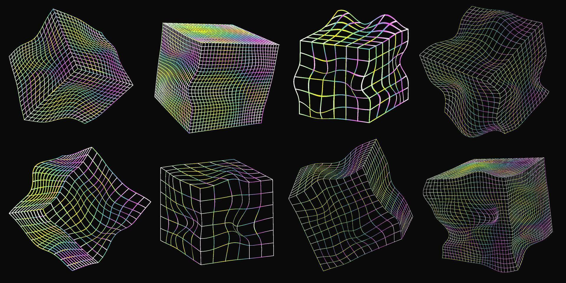 colección de distorsionado estructura metálica cubitos desde diferente lados vector resumen geométrico 3d objetos. tecnología bloquear cadena red conexión. grande datos visualización. unicornio degradado color.