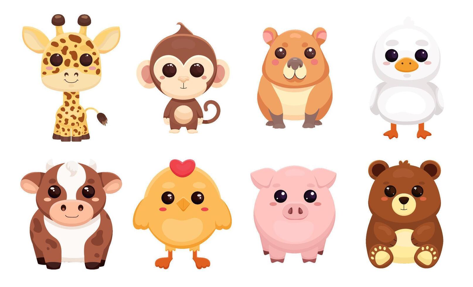 Collection of cute animal characters. Pets, zoo. Suitable for children's parties, banners, posters, stickers, cards. Vector illustration