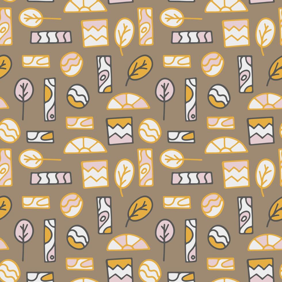 Vector seamless pattern of hand drawn geometric shapes, plants. Flat abstract background from decorative doodle natural elements, wallpaper. Modern print for textiles, fabric