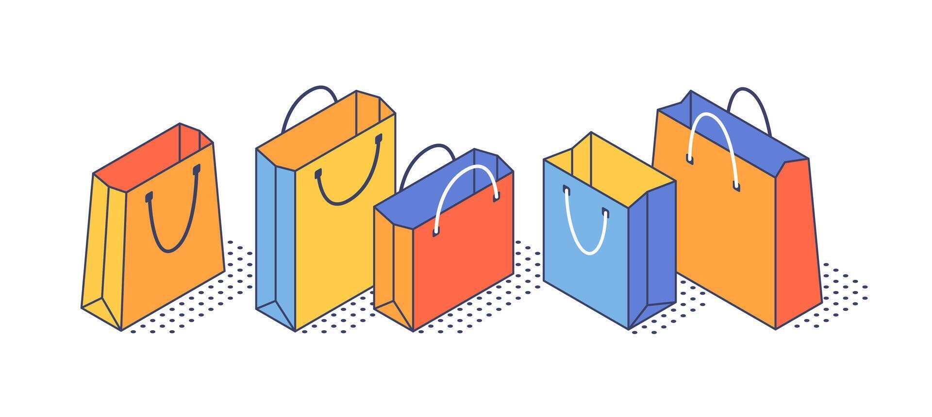 Vector isometric illustration, set of 3d icons of bags, gifts, colored packages with handles. Shopping packaging, objects for retail, shop, market, business