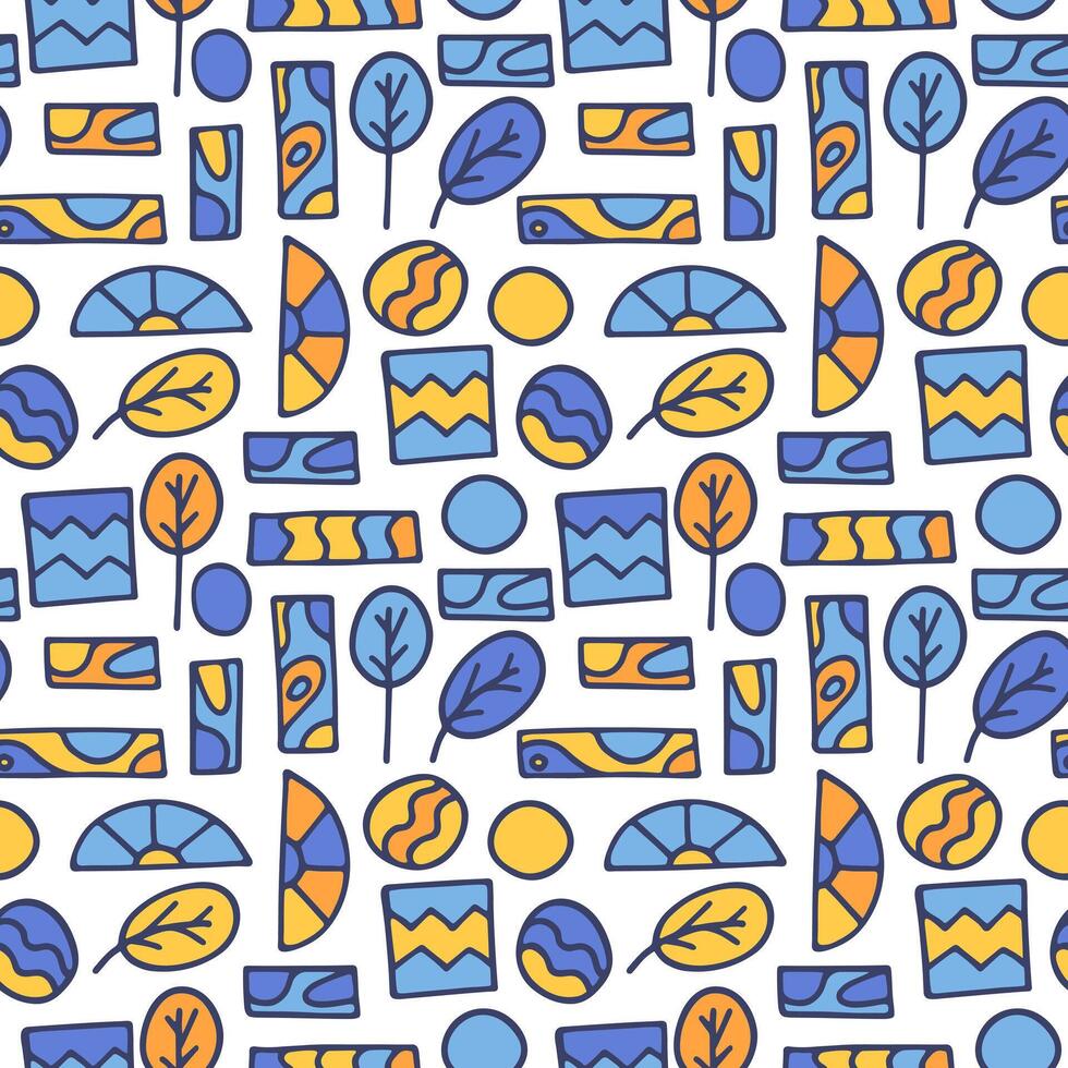 Vector seamless pattern of hand drawn geometric shapes, plants. Flat abstract background from decorative doodle natural elements, wallpaper. Modern print for textiles, fabric