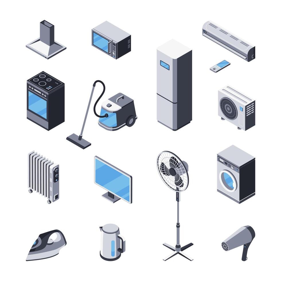 vector clipart de casa accesorios, electrónica. isométrica 3d iconos cocina cocina, capucha, microonda, refrigerador, aire acondicionador, vacío limpiador, calentador, televisor, Lavado máquina, hierro, eléctrico ket, ventilador