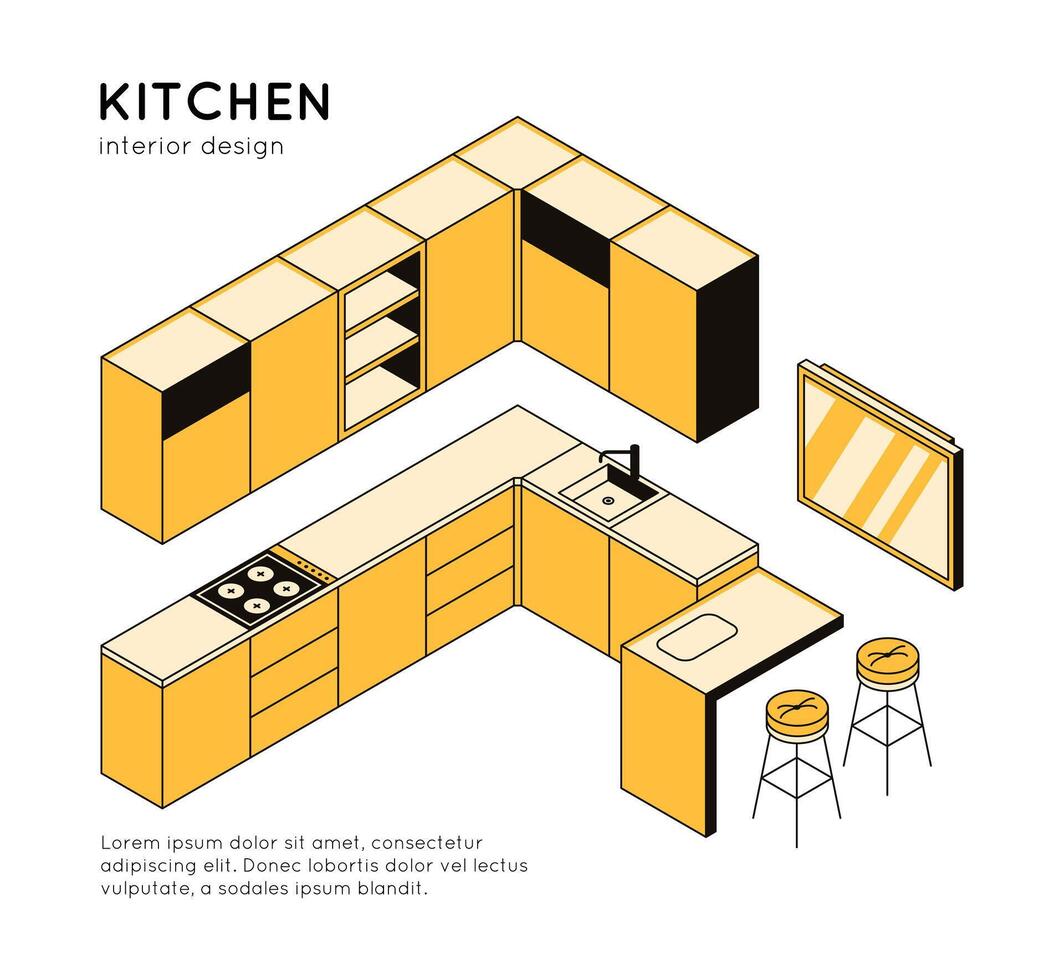 3d concepto de un moderno cocina interior, mueble y casa accesorios para cocinando. habitación, modelo para mueble almacenar, diseño estudio, arquitectónico negocio. vector lineal isométrica ilustración