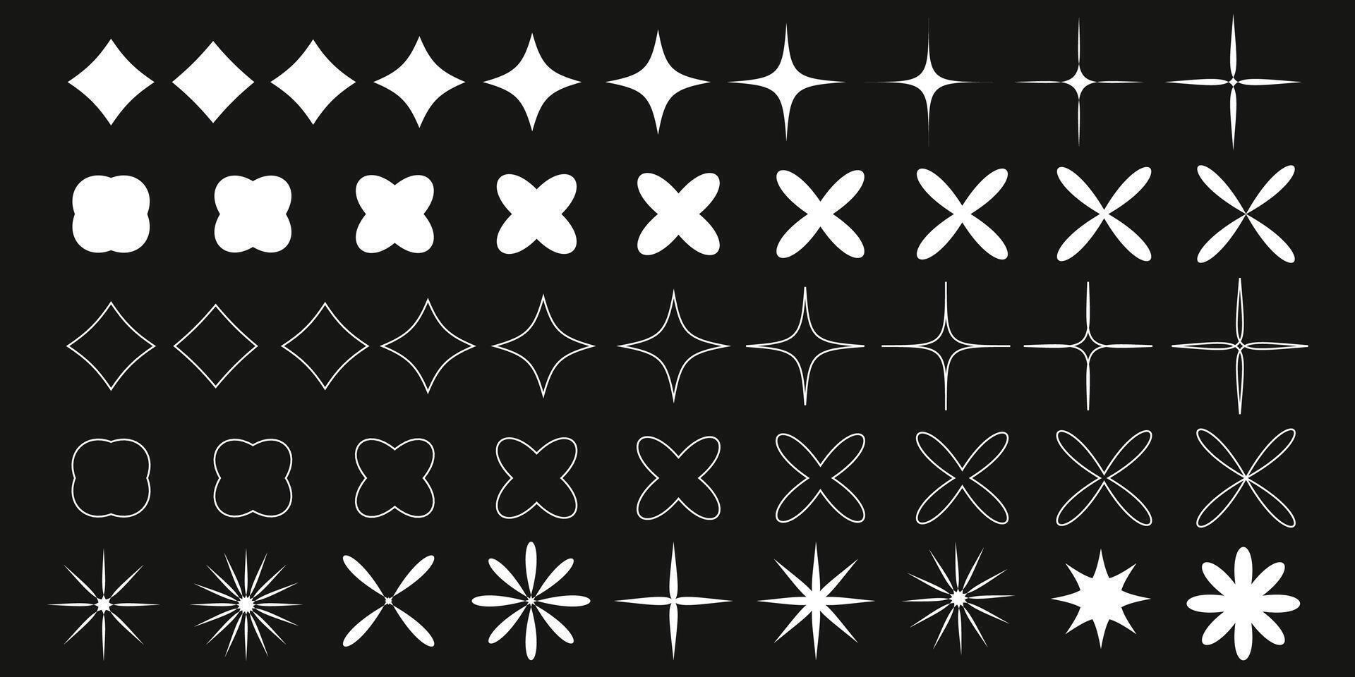 Retro-futuristic shiny icons collection, lined and filled. Set of star figures. Abstract cool sign vector design with glitter effect, pucker bloat. Templates for designs, posters, projects, banners, l