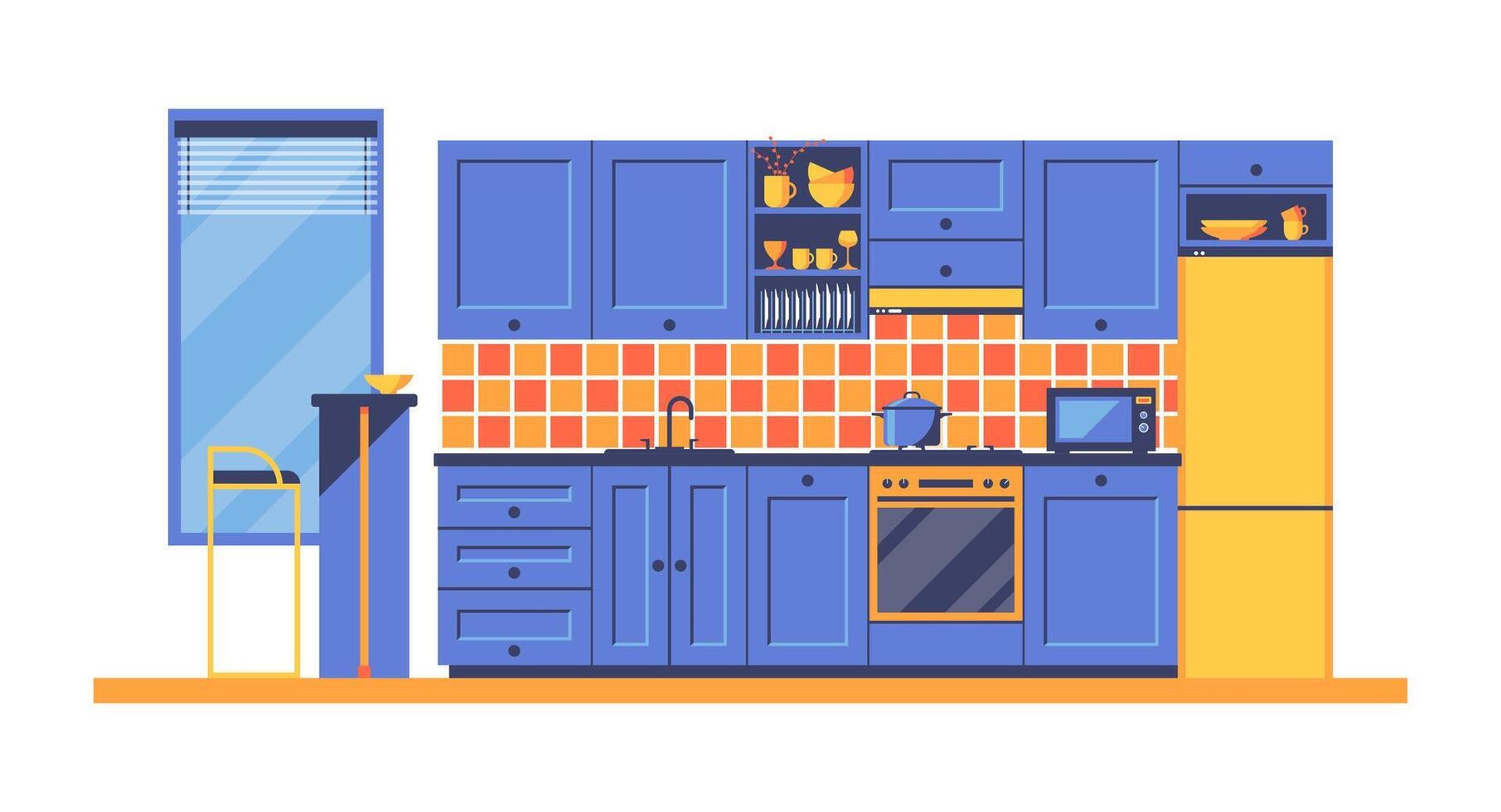 cocina interior, mueble y casa accesorios, platos, utensilio. comida preparación equipo. acogedor estudio cocina con un ventana, un mesa y incorporado muebles, un cocina. vector plano ilustración