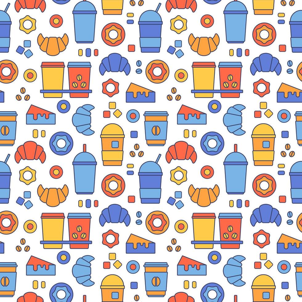 Seamless pattern of cups of coffee, drinks, croissants, cakes, donuts. Illustration on the theme of food, coffee and sweets. Vector abstract background of icons of cups of coffee, tea, dessert, baking