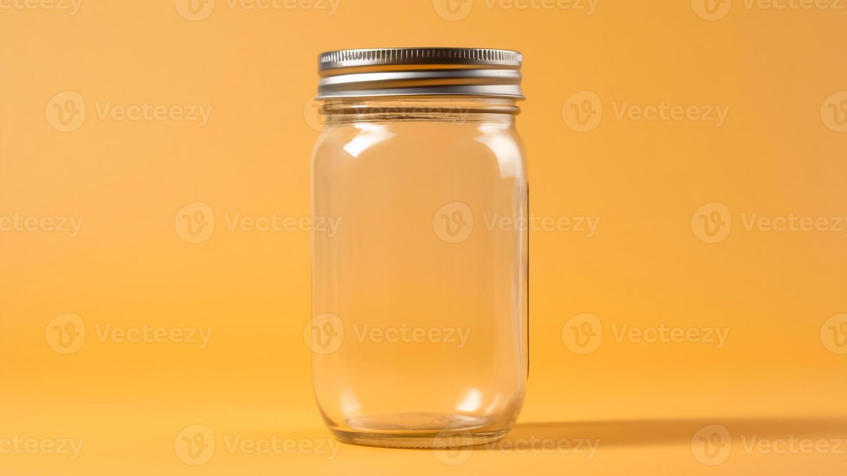 AI generated Empty glass mason jar on a yellow background. Minimal style. Copy space. photo