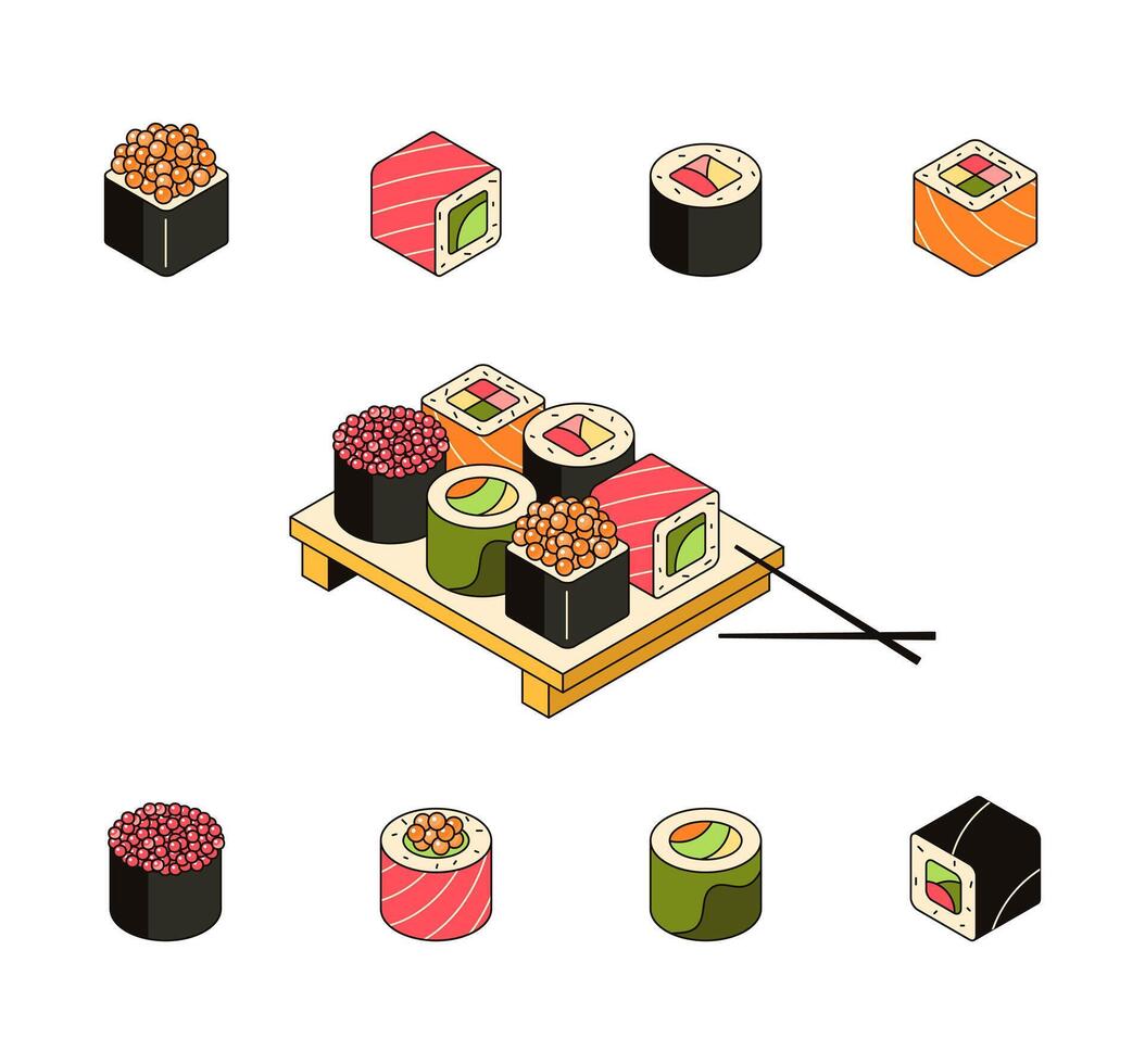 Sushi on the board, traditional asian food. Set of rolls with rice, fish, salmon, tuna, caviar, seaweed. Collection of 3d seafood icons, japanese cuisine.  Vector outline 3d isometric illustration