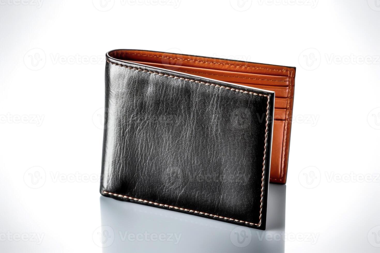 AI generated Leather wallet on a white background with reflection. photo