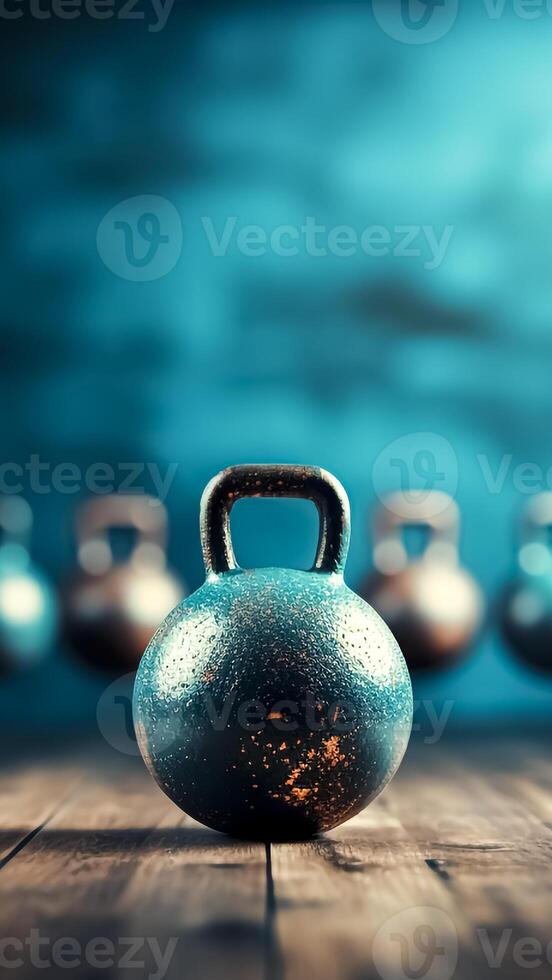 AI generated Blue kettlebell on a wooden background. Fitness and healthy lifestyle concept. photo