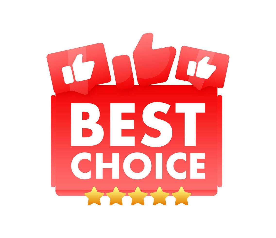 Bright red BEST CHOICE vector label with thumbs up and golden stars, symbolizing top selection and consumer preference