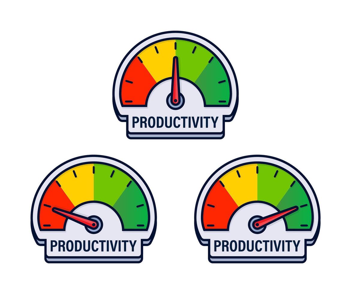 Series of Productivity Level Indicators Vector Illustration with Multi Color Efficiency Gauges