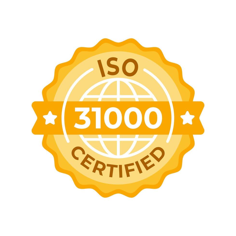 Yo asi 31000 certificado emblema. un sofisticado, dorado Certificación Insignia simbolizando adherencia a el Yo asi 31000 riesgo administración pautas vector