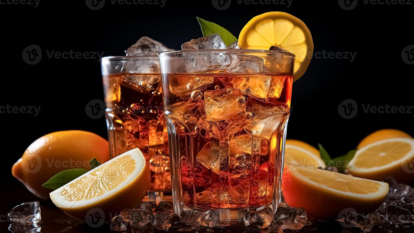 AI generated Iced tea with lemon and orange on black background. Refreshing drink concept. photo