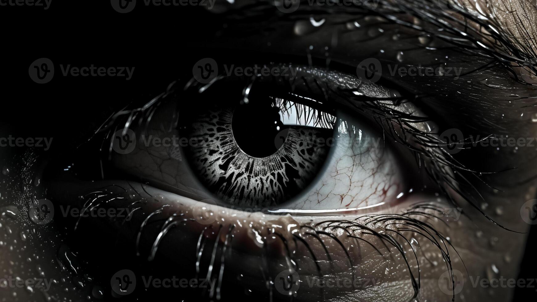 AI generated Close up of Beautiful Eye with Water Drops on Face. Dramatic and Expressive. Beauty Campaigns and Artistic Portraits Concept. photo