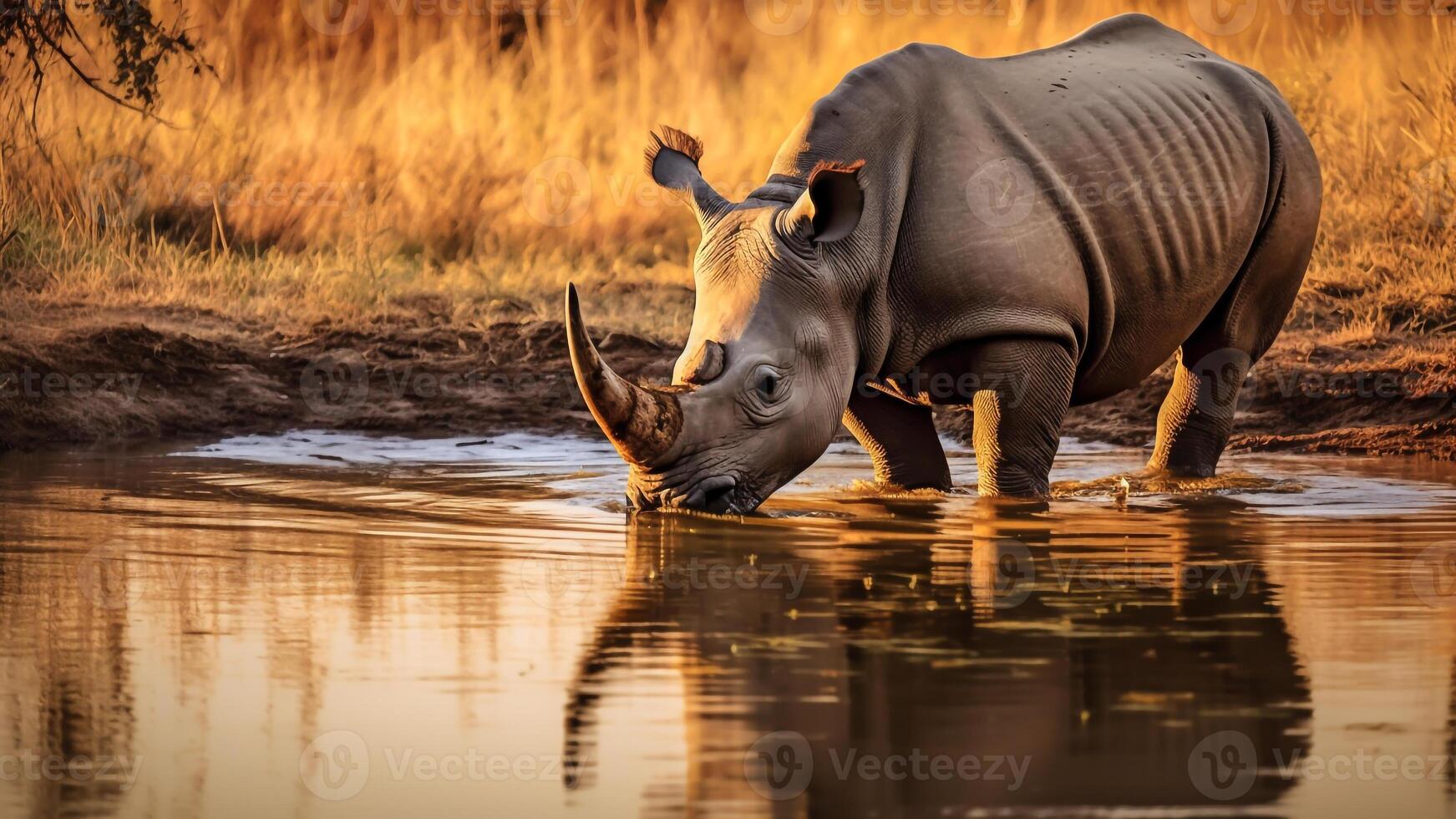 ai generado un salvaje rinoceronte Bebiendo agua en un lago en el africano sabana. foto