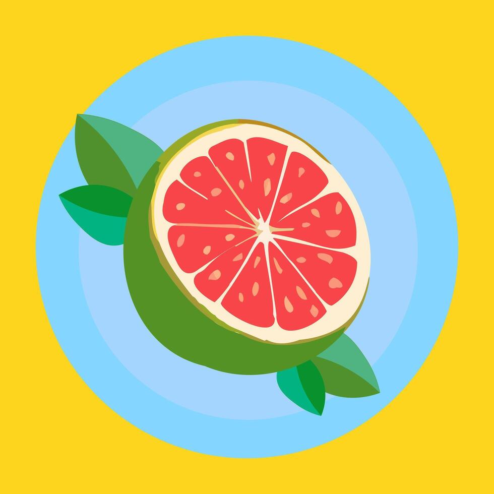 Grapefruit on a blue plate on a yellow background. Vector illustration.