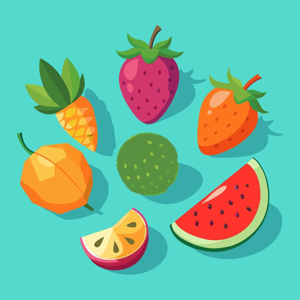 Fruit icons set in flat style. Strawberry, pineapple, kiwi, watermelo vector