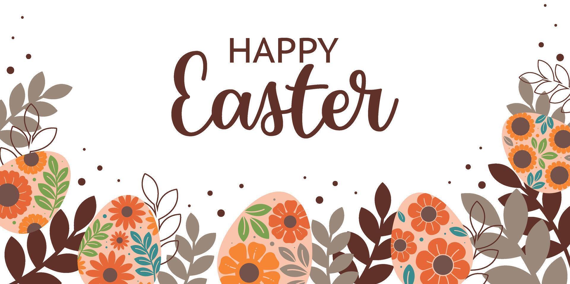 Benner for Happy Easter with eggs, flowers leaves and lettering vector