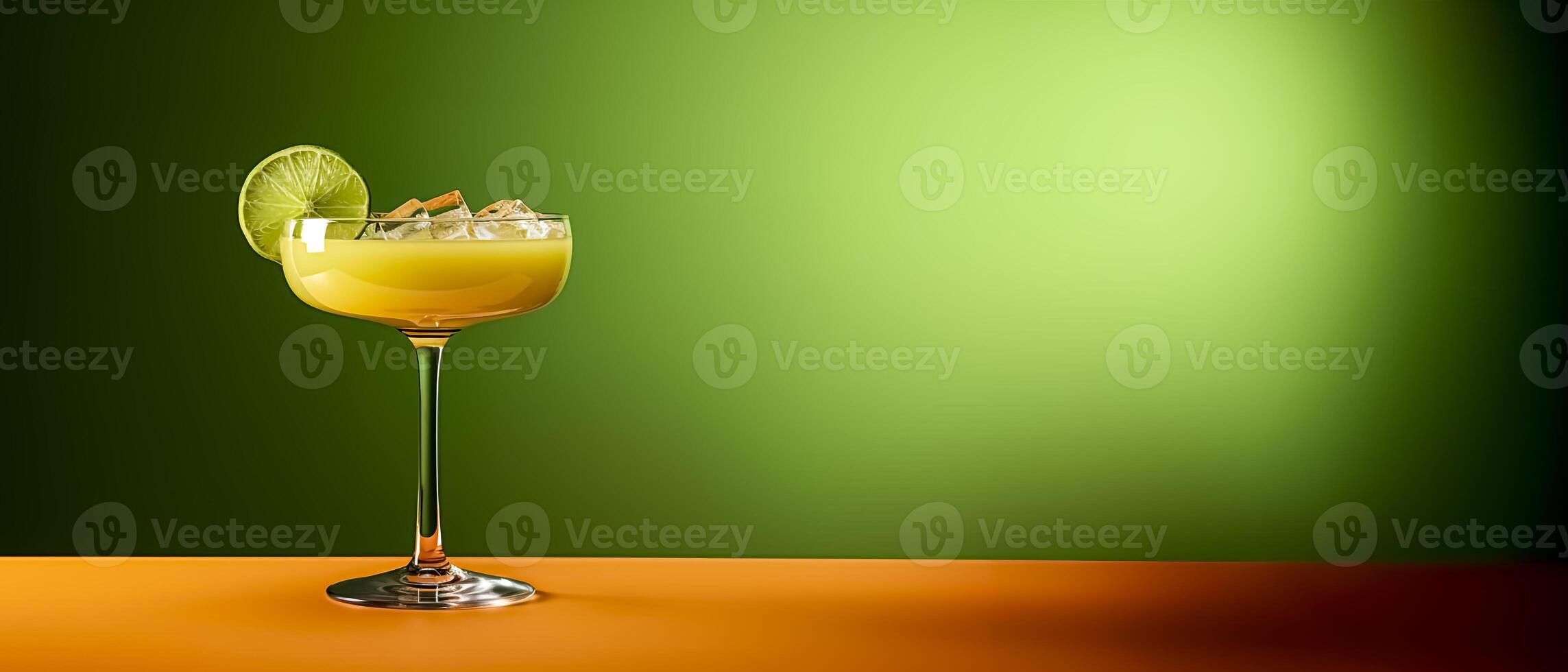 AI generated Cocktail with lime and ice on green background with copy space. Refreshing drink concept. photo