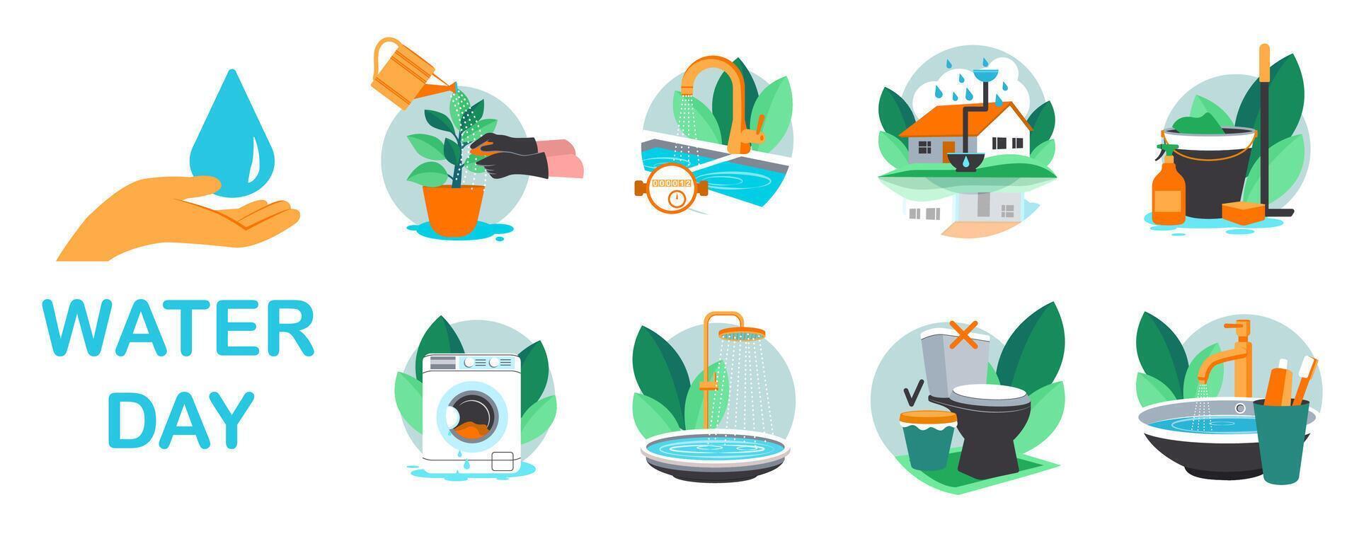 The set fo flat logo for world water day infographic. The save water graphic elements vector