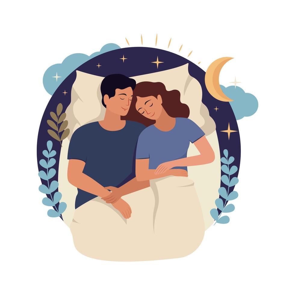 The flat illustration Young couple sleeping in the night. Graphic logo for sleep tim vector