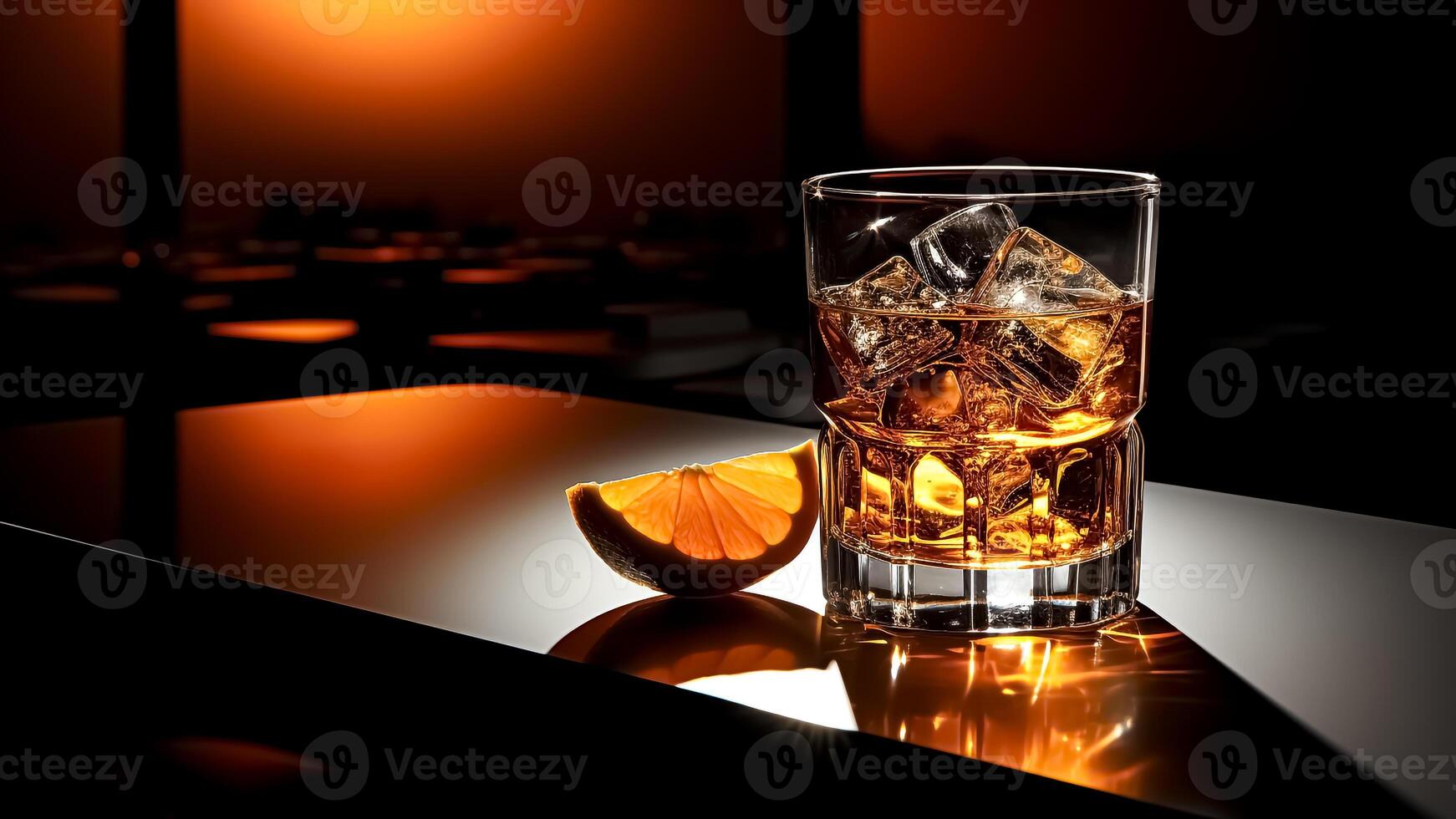 AI generated Cocktail with ice cubes and orange slice on a black background. Refreshing drink concept. photo