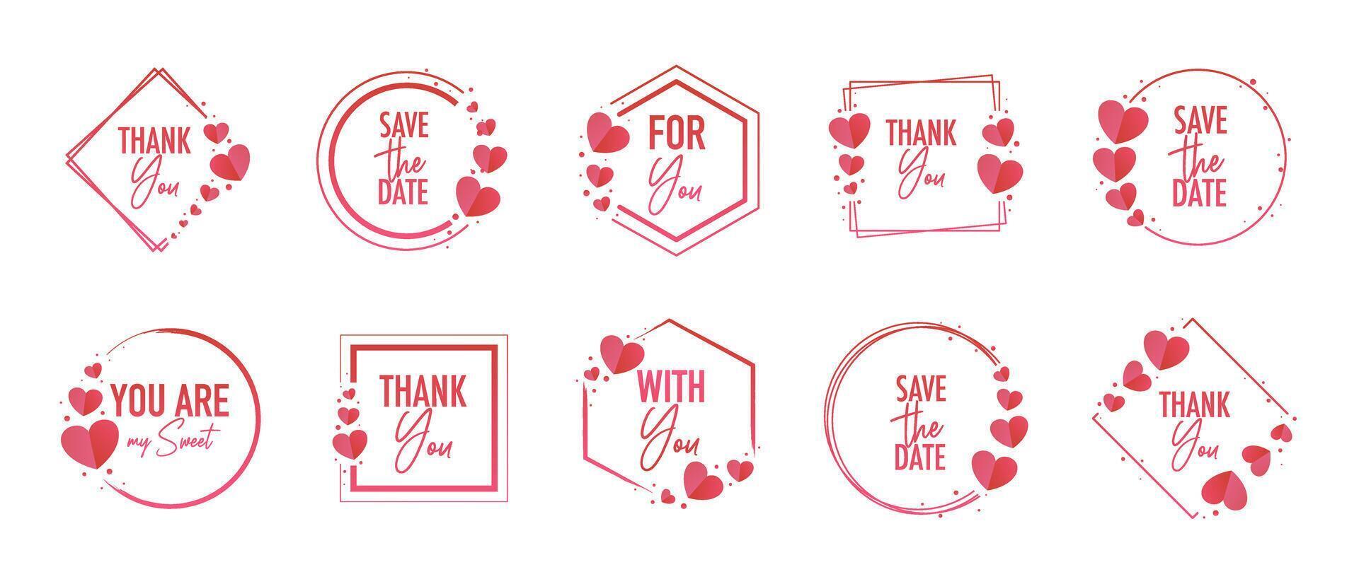 Collection of pink frames with hearts and text for love day vector