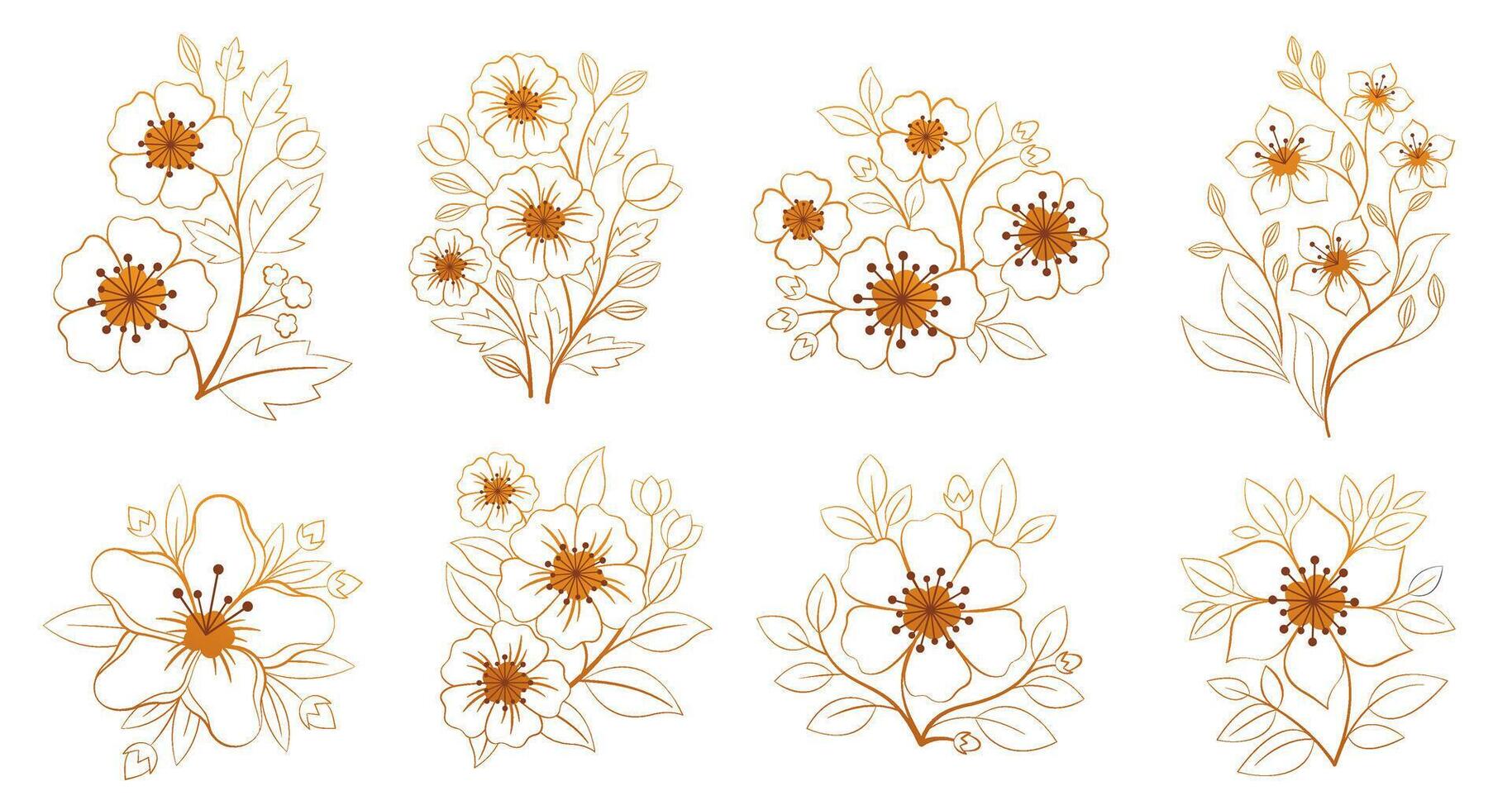 Golden Branches with flowers in a line art style, composition for wedding, etc vector