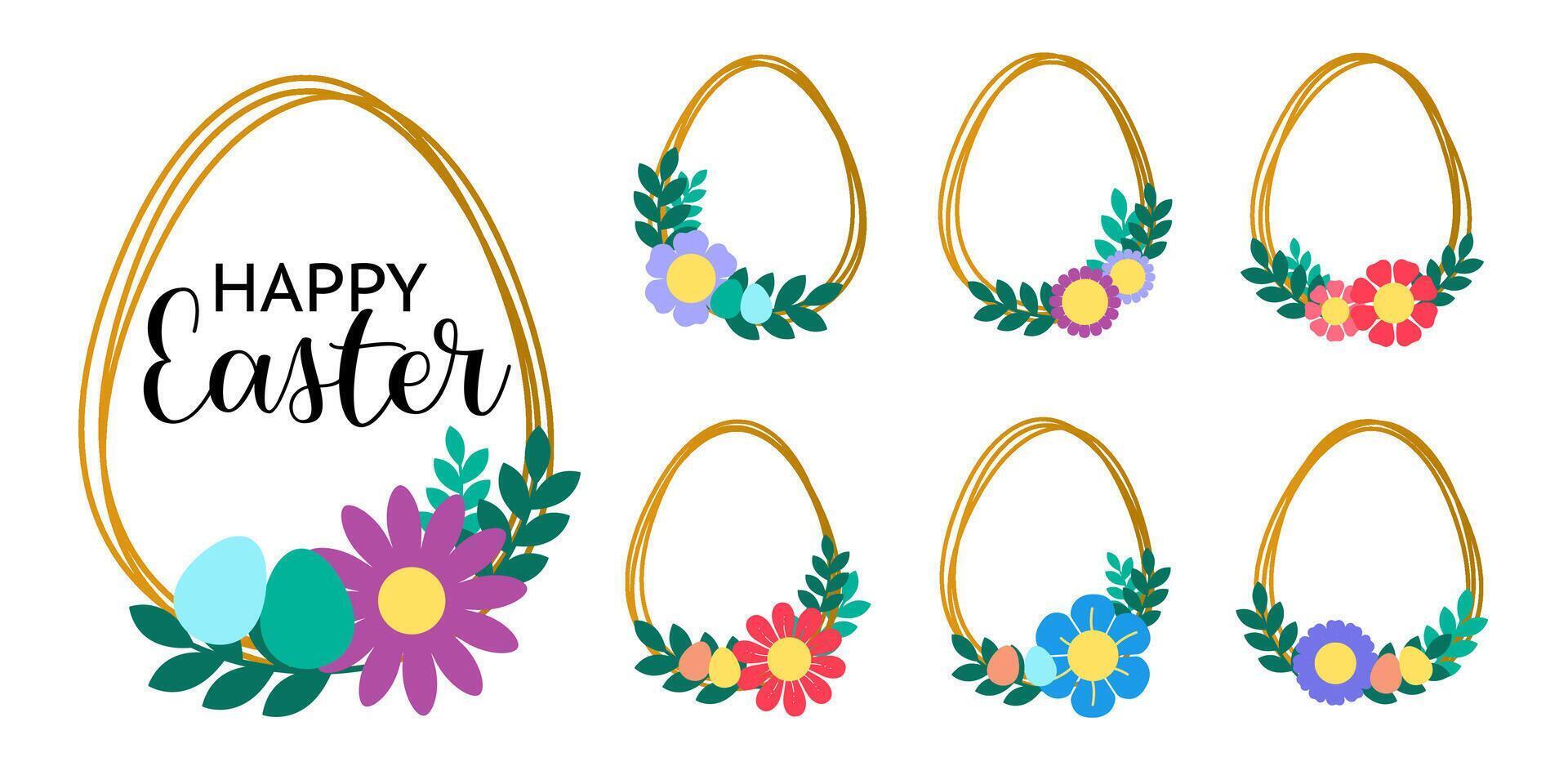 Set of Golden Easter eggs in frames with flowers vector