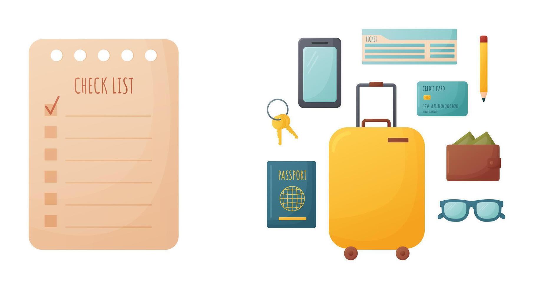 packing list, travel checklist, preparing for vacation, trip, journey, luggage, passport, wallet, keys, ticket, sunglasses, cartoon vector illustration
