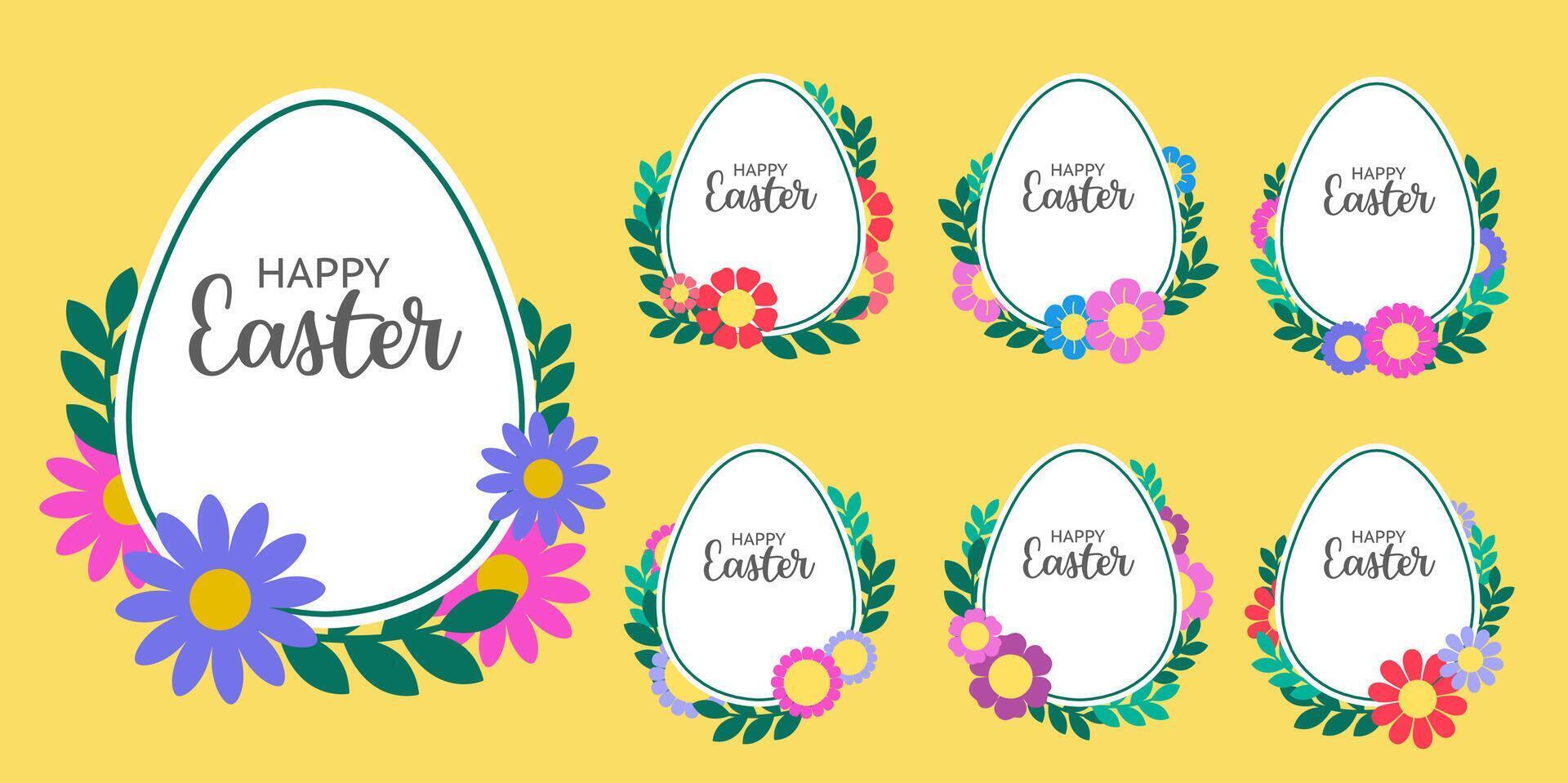 Set of Colorful Easter eggs in frames template with flowers vector