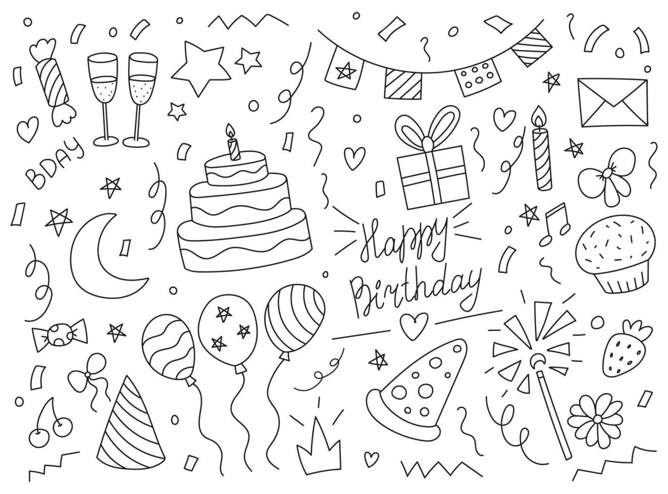 happy birthday doodle elements, hand drawn items, party decoration, anniversary, carnival, festive decor, cake, balloons, gift, confetti, vector illustration