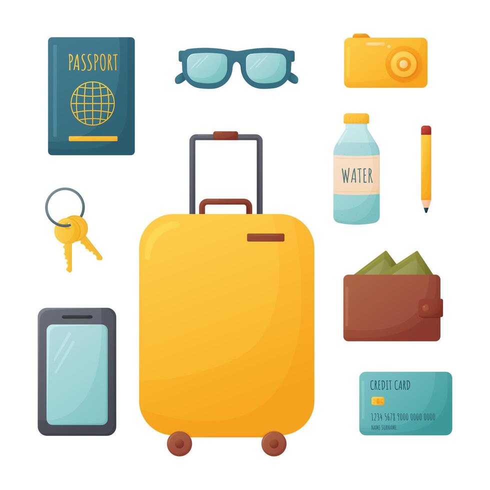 travelling items collection, accessories for vacation, suitcase, passport, camera, phone, wallet, card, water, keys, sunglasses, vector illustration