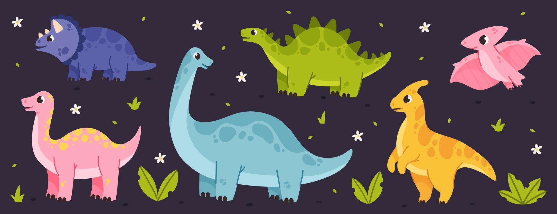 conjunto de linda vistoso dinosaurio vector